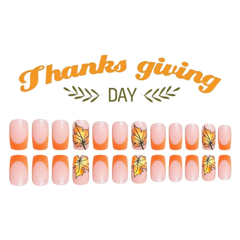 CJDLTS Orange French Press on Nails Short Square Thanksgiving Maple Leaf False Nail Full Cover Glossy Acrylic Stick on Nail Fall Artificial Fingernails Press Ons Festival Glue on Nails for Women 24Pcs - Image 4